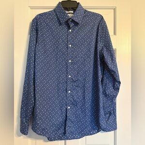 Jos. A. Bank 16-35 L No Iron Slim Fit Dark Blue Button Down Shirt White Flowers